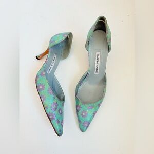 Manolo Blahnik Vintage Aqua Blue Lavender Floral Brocade D’orsay Pumps EU 39.5